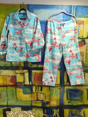 Nick & Nora pajama set featuring holiday-themed"Flamingo Airstream Camper" print